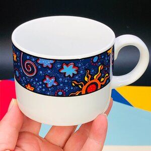 Vintage Sakura Celestial Coffee Flat Cup - SINGLE: 90s Memphis Design Stoneware